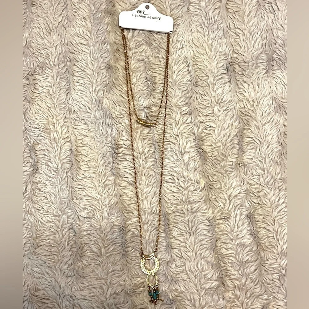 2/$15 - Boho Double Hoop Drop Necklace Gold & Turquoise Statement Necklace NWT - Picture 3 of 3